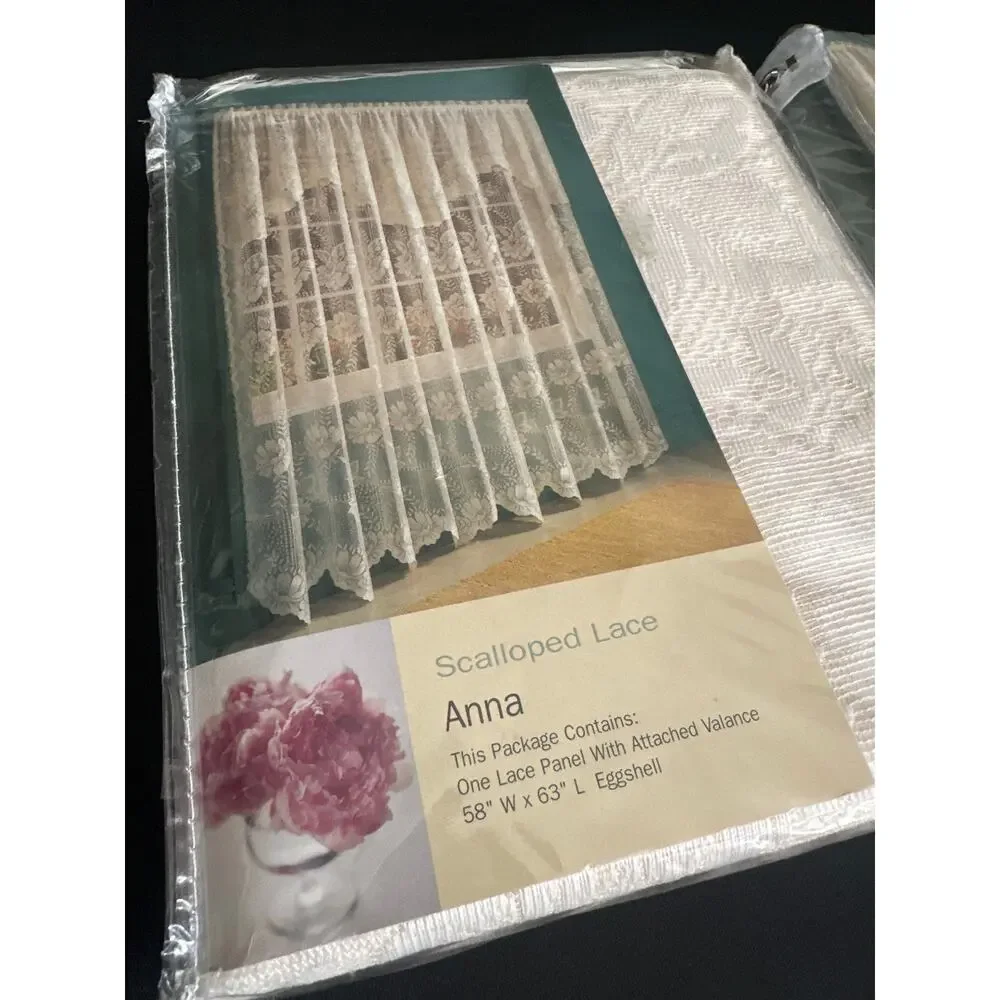 S Lichtenberg Anna Sheer Scalloped Lace Panels Eggshell Curtains Valance 58x63